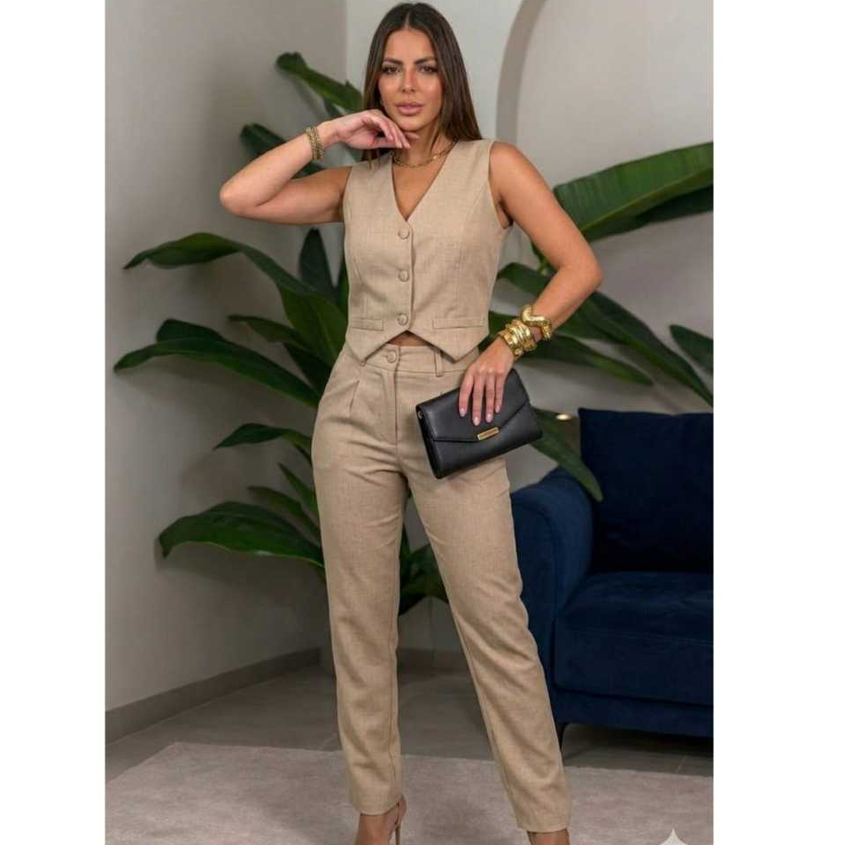Conjunto Feminino Colete e Calca Alfaiataria Social Elegante Com Ziper em Oferta na Shopee
