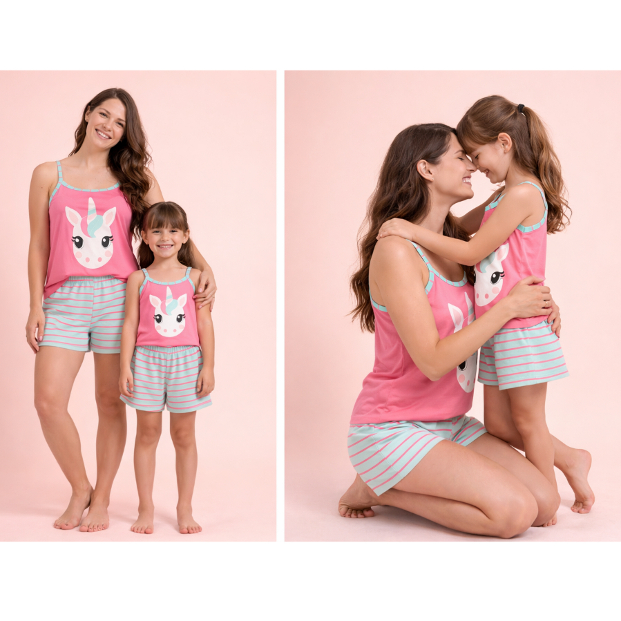 Kit 2 Baby doll Mae e filha FB Personagens Fofos Malha Premium Pijama de verao Manga Curta Short dol em Oferta na Shopee