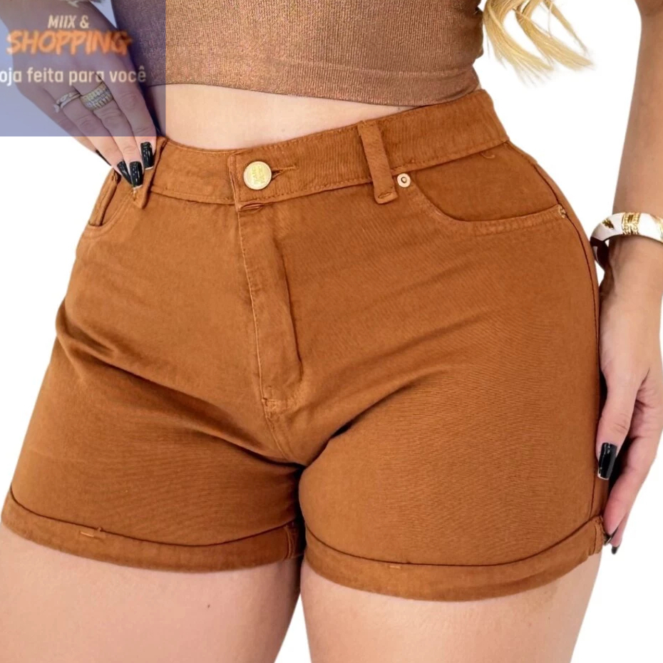 Short Jeans Feminino Cintura Alta Barra Dobrada Lavagem Caqui Short Sarja Feminino