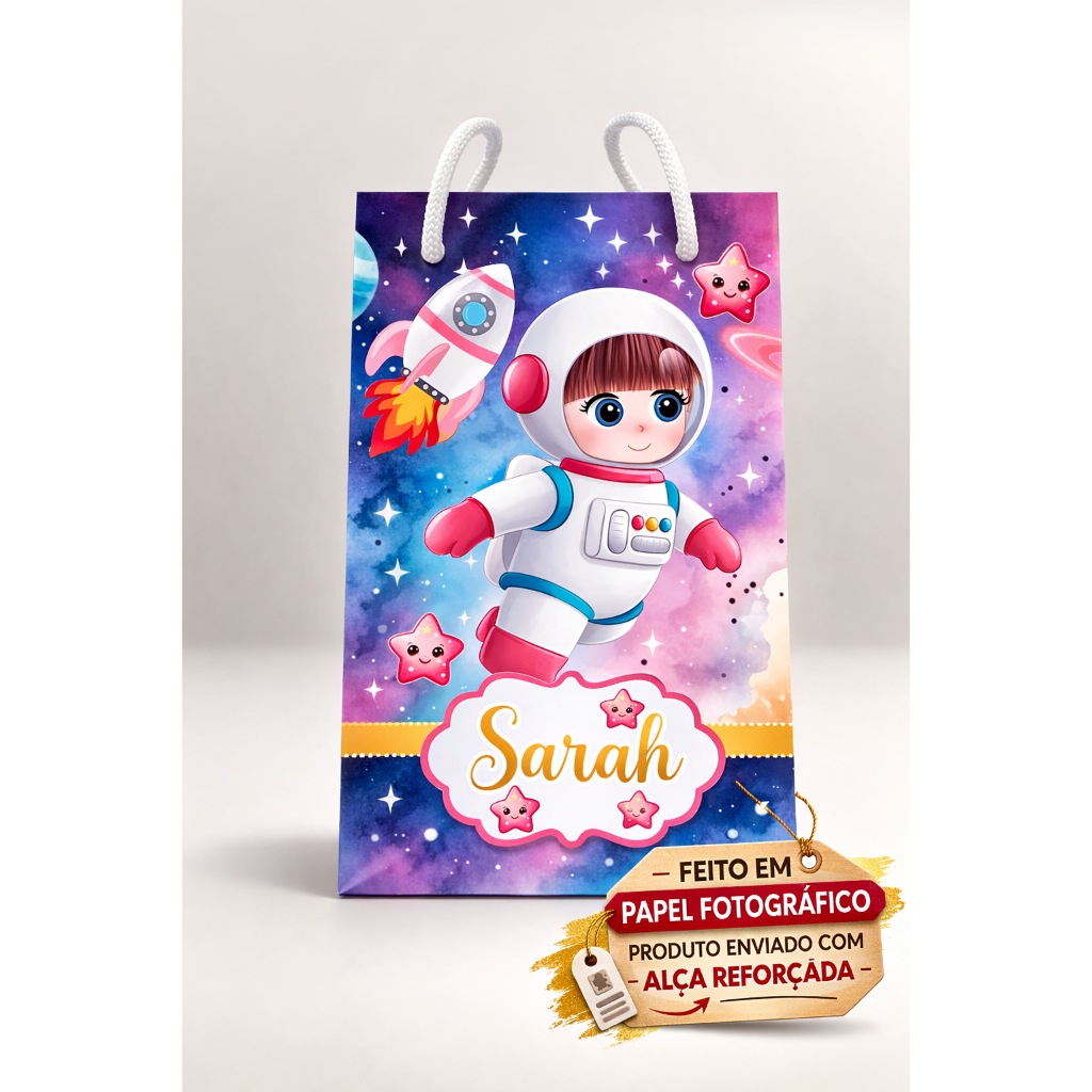 Sacola Personalizada Astronauta Menina Tema Espaço – Lembrancinha Festa Infantil Papel Fotográfico com Alça Reforçada