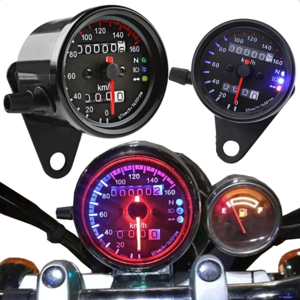 Painel Universal Velocímetro Moto Café Racer Custom Redondo Analogico com luz de led aro 17" OU 18"