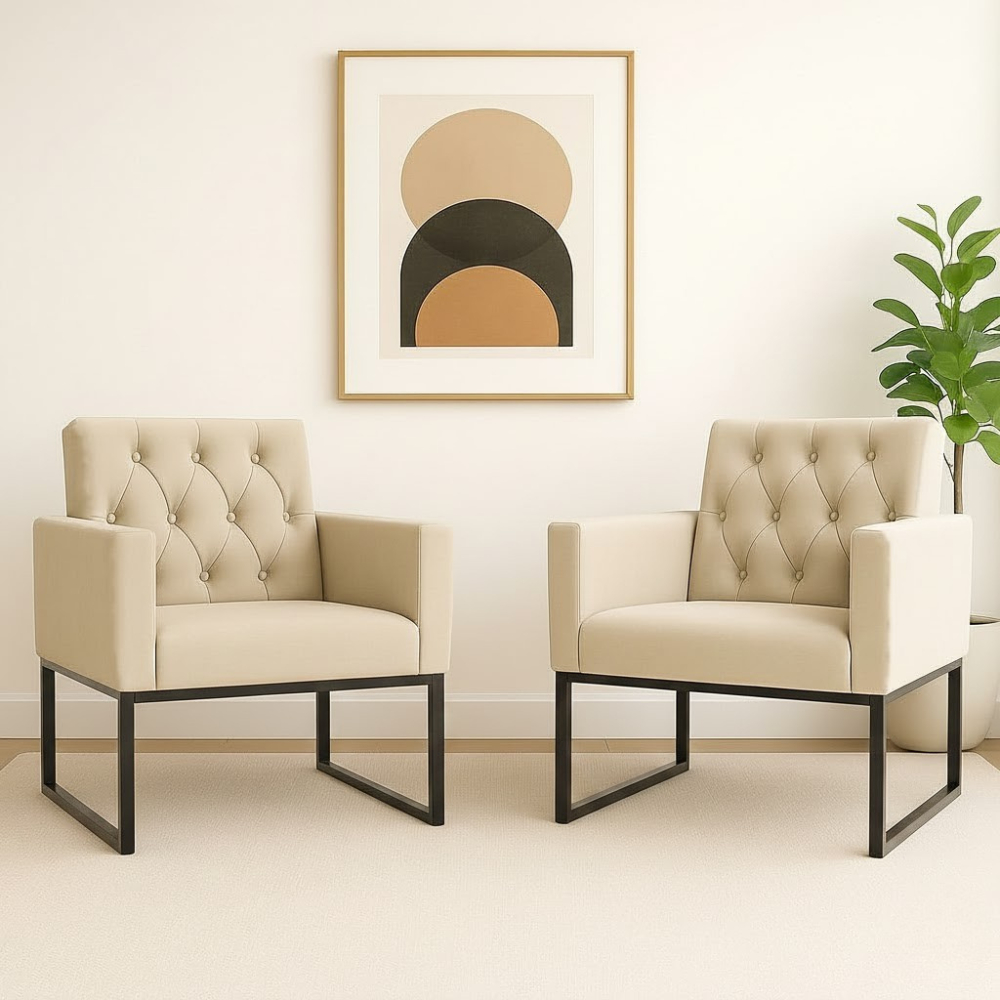 Kit 2 Poltronas para Recepção Thais com Base de Ferro Preto Resistente