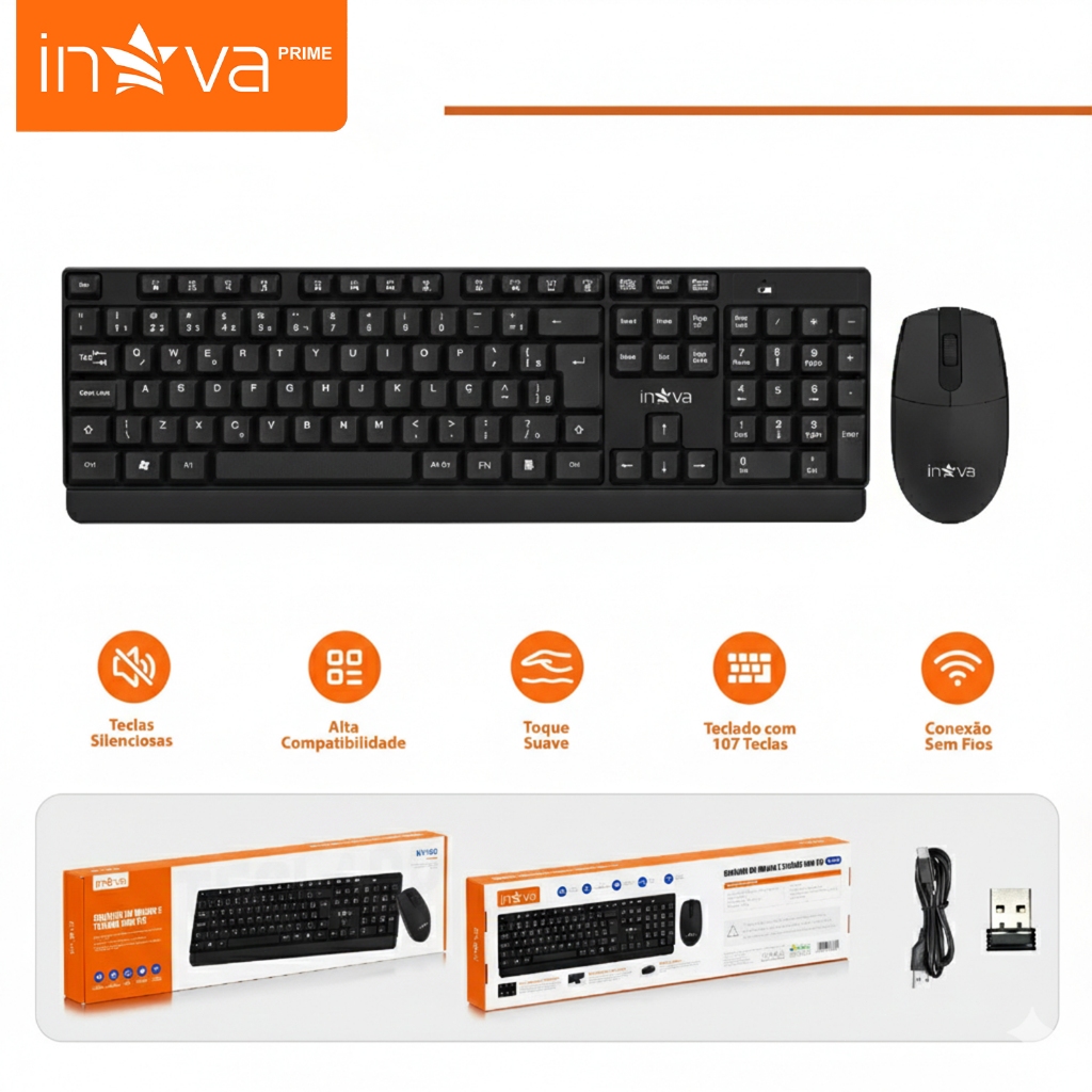 Inova Teclado e Mouse Sem Fio Kit 2.4g Wireless Bluetooth eclado e Mouse KV-800 Moderno Destinado a PC e Notebook