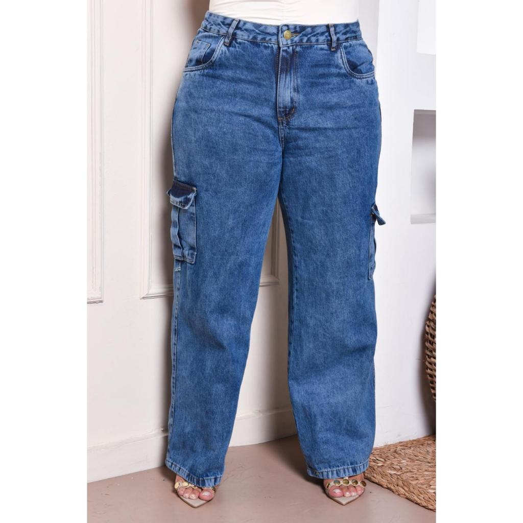 Calça Jeans Feminina wide Leg plus Size Cargo
