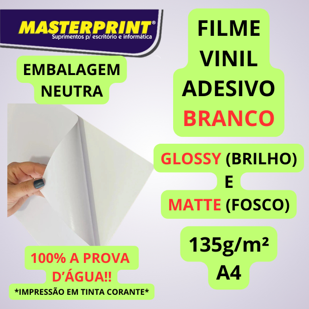 Vinil Adesivo Branco Glossy e Matte 135g A4 para Jato de Tinta A Prova d'água Resistente Masterprint