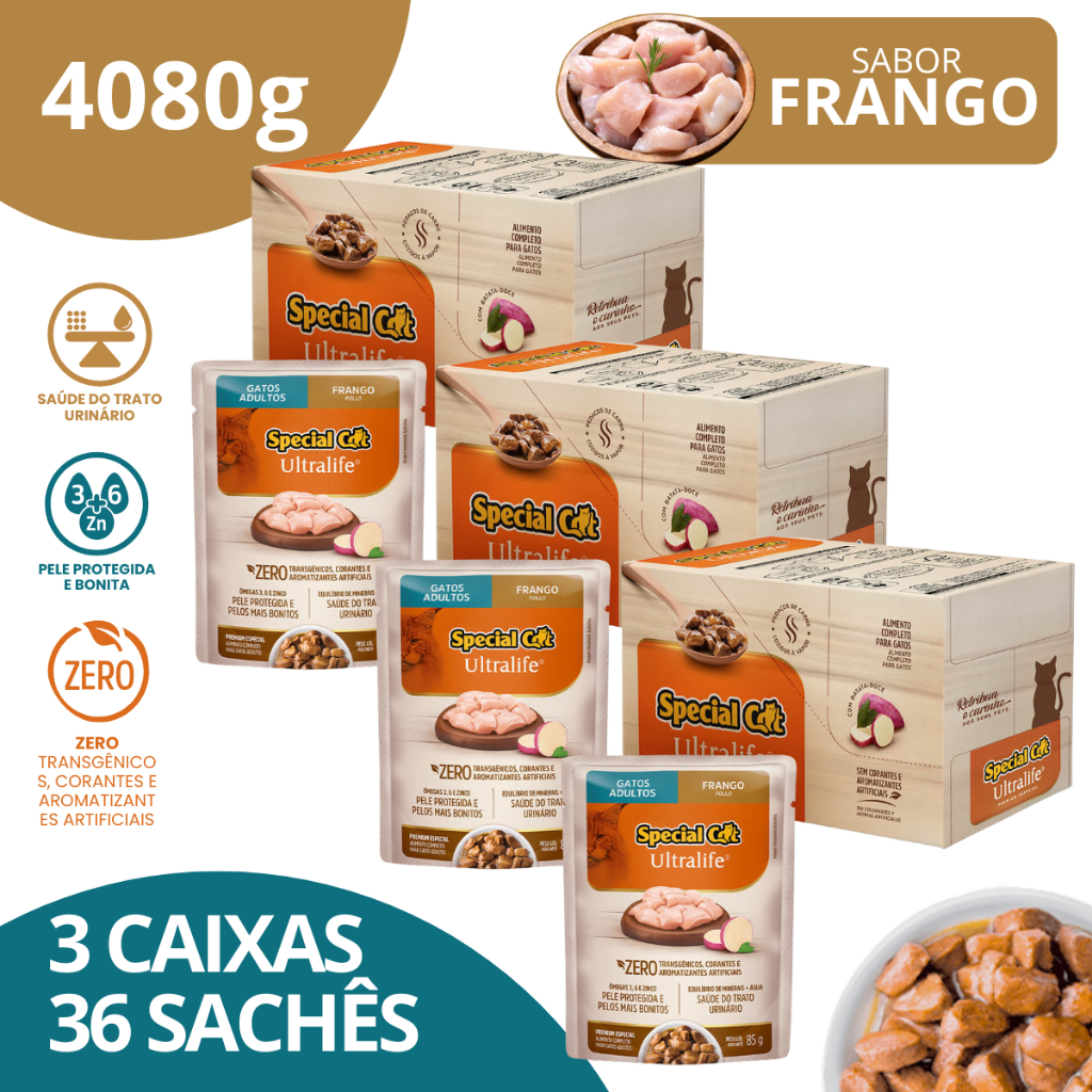 Kit 3 Caixa 12 Sachê Special Cat Ultralife Adultos Sabor Frango - 85g em Oferta na Shopee