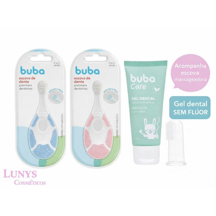 Kit Escova De Dente  Bebê Primeiros Dentinhos Azul Rosa + Gel Dental Sem Fluor Com Massageadora Bucal Buba