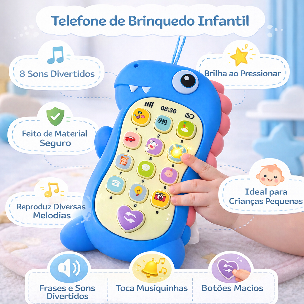 Celular Infantil Educativo Musical com Mordedor Dinossauro para Bebê