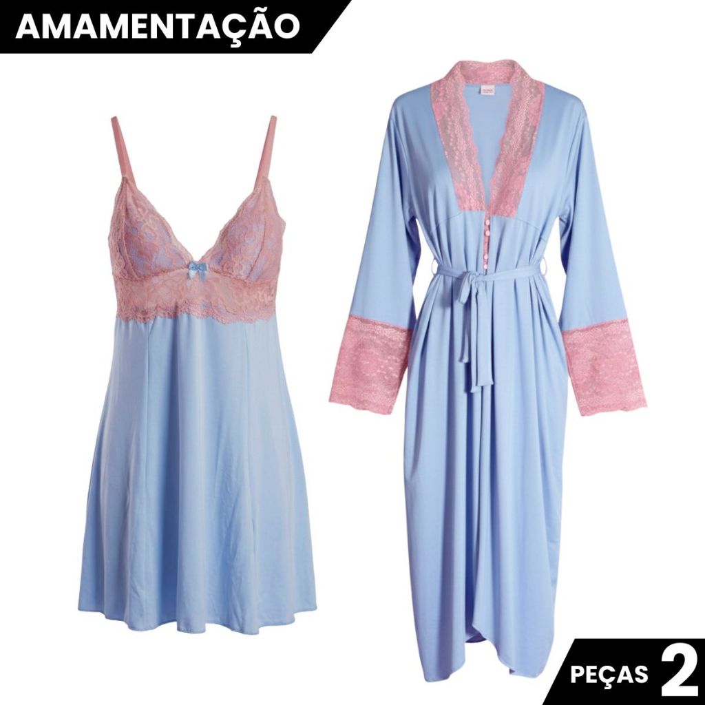 Kit Robe Roupão Longo e Camisola Amamentação Confortável Gestante Prática Maternidade