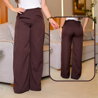 Calça Feminina Pantalona Alfaiataria Premium Wide Leg Bolso Social Alto Padrão Cintura Alta Elegante