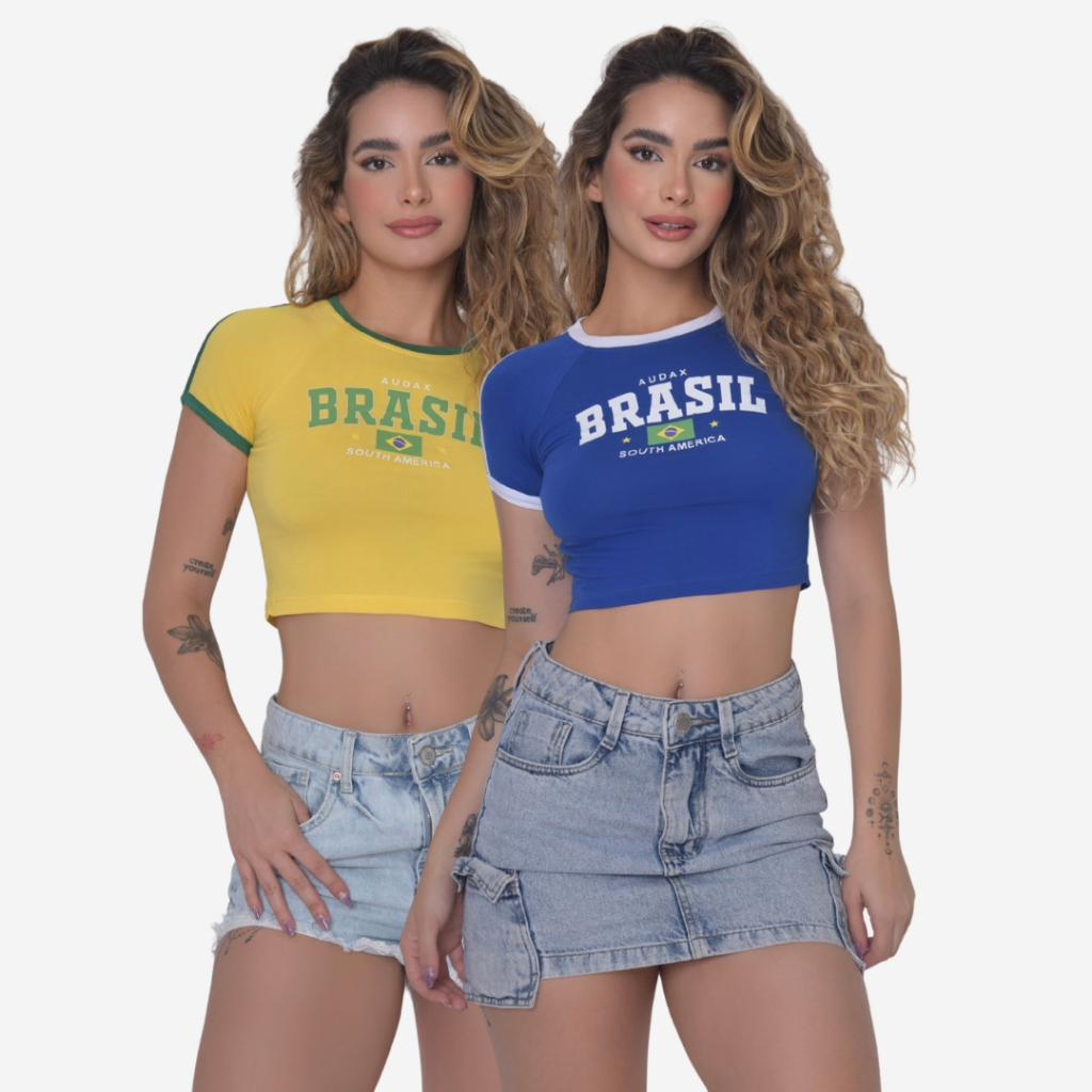 Cropped Brasil Feminino Baby Look Copa do Mundo Camiseta Praia Rio de Janeiro Blusa de Strass Core