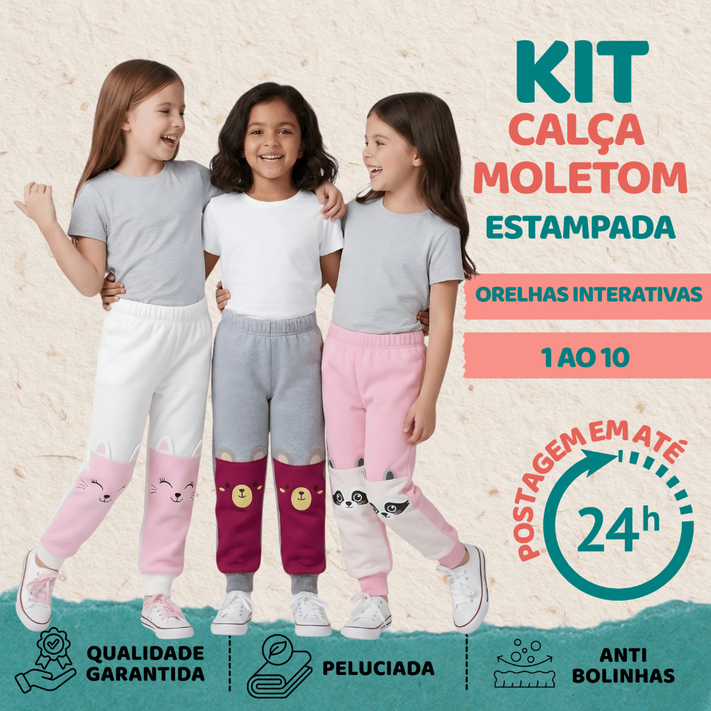 Calca Moletom Menina Bebe Com Punho Estampada Interativa 1 2 ou 3 Peças Moletom Infantil 1 Ao 10