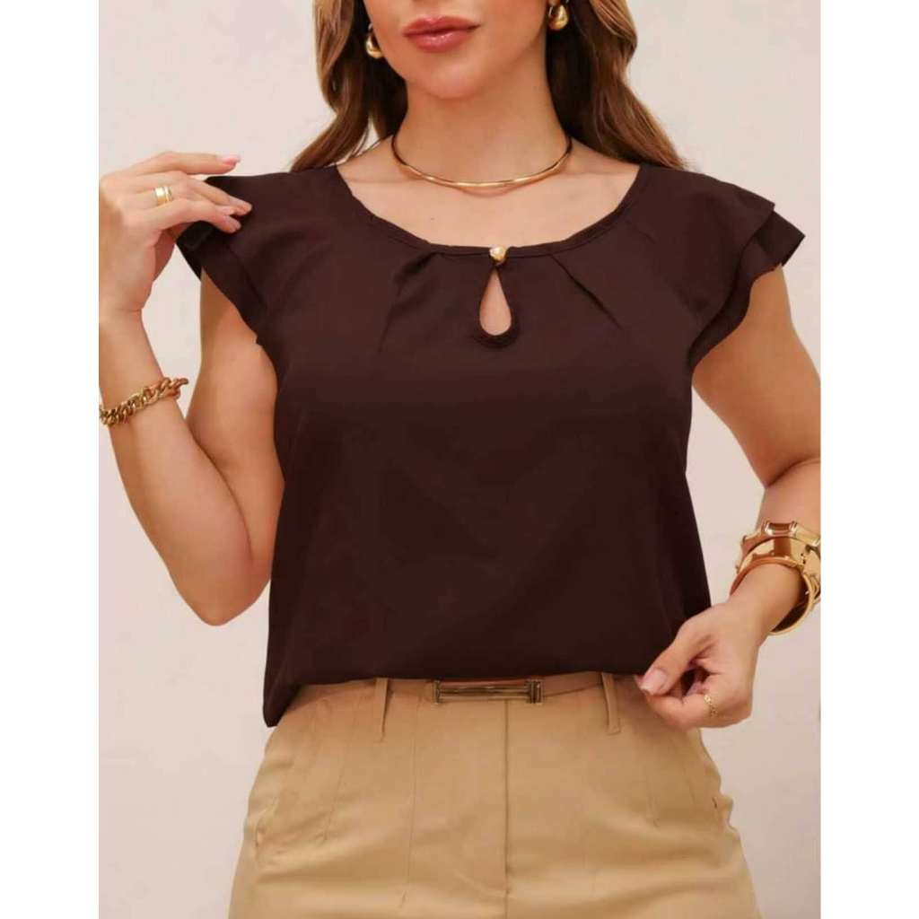 blusa 2 manga babado com botao moda feminina em Oferta na Shopee