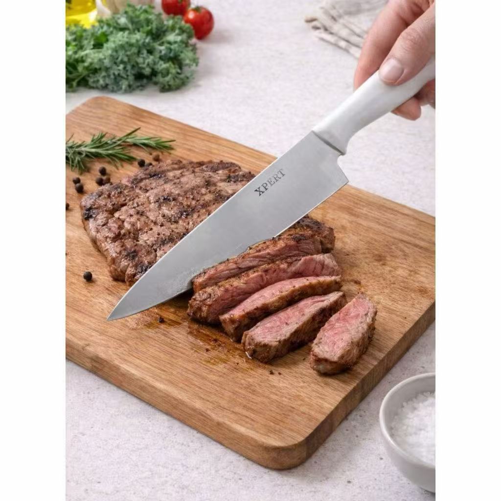 Churrasco Profissional kit Faca + Garfo Trinchante Aço Inox Cabo Branco Corte Preciso Alta Durabilidade