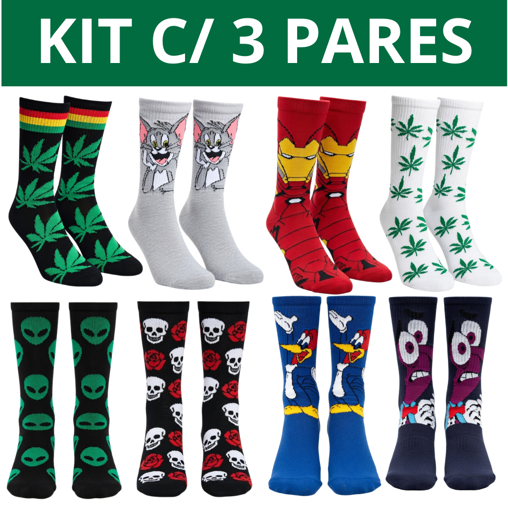 Kit 3 Pares Meia Temática Desenhos Personagens Divertida Maluca Algodão Unissex Academia Cano Longo