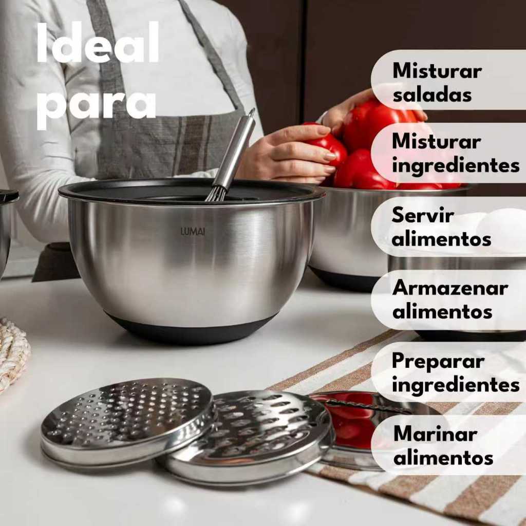 Lumai Kit 3 Bowls Tigelas de Cozinha Bacia Aço Inox com Tampa Utensilio com Ralador Base Silicone · foto 2