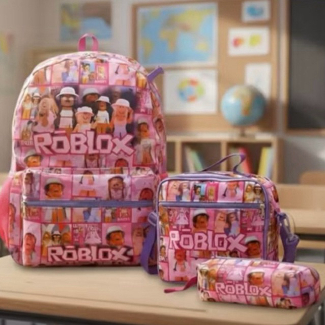 Kit Escolar Roblox Games Rosa Meninas Mochila Costas Tamanho Grande Lancheira Térmica e Estojo
