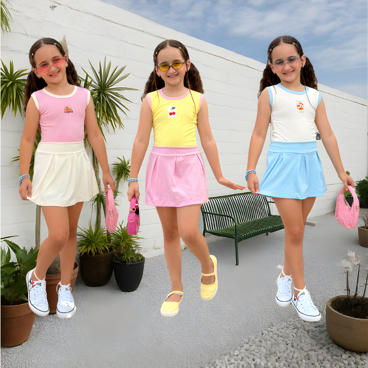 Kit Conjunto Infantil Menina Peças de Roupa Confortável Regata e Short Saia Ribana Canelada Premium