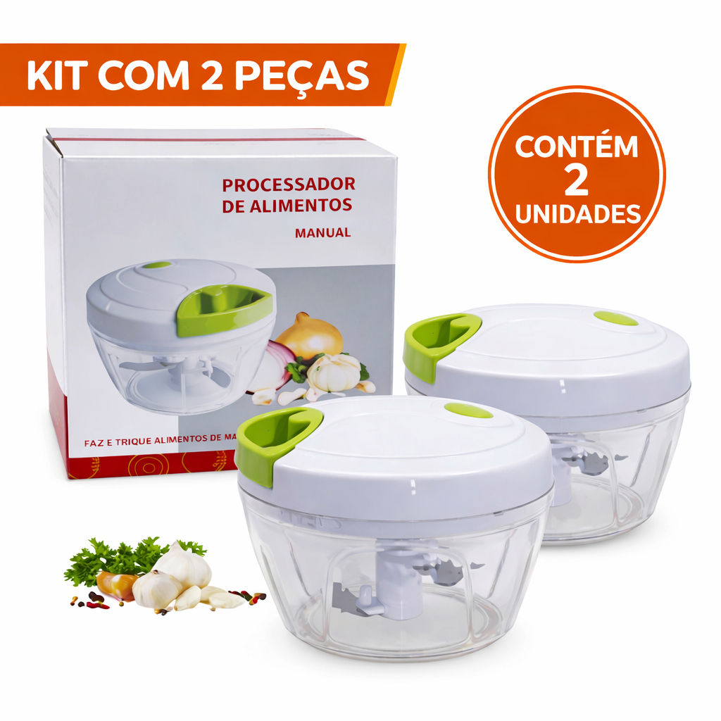 Kit 2 Processadores Manuais de Alimentos 3 Lâminas em Aço Inox Triturador de Legumes e Temperos
