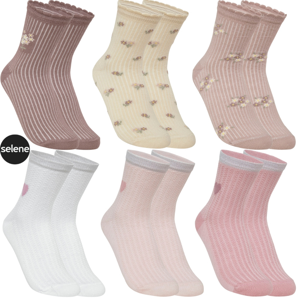 Kit 6X Pares Meias Femininas Cano Médio Estampas Selene