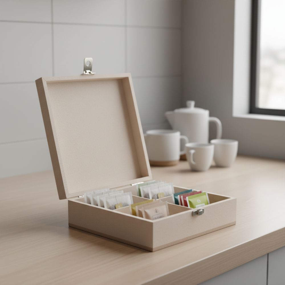 Caixa de Chá MDF 25x18x8 com Divisória e Dobradiça 6mm Organizador Porta Chá para Cozinha