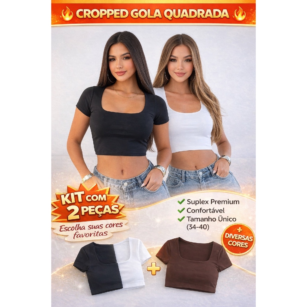 Kit 2 Unidades Cropped Gola Quadrada Decote Feminino Manga Curta Croped Básico Suplex Tamanho Unico