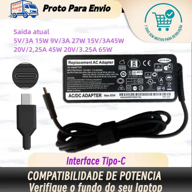 Fonte Carregador Type-C 65W Para Notebook Smartphone Tablet USB-C Universal Bivolt