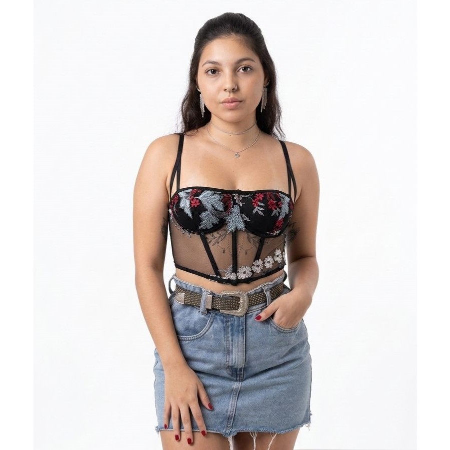 Corset/ Corselet de renda com tule com barbatana - Espartilho - Corpet-Corselet Feminino-Bustiê-Crooped+brinde(calcinha)