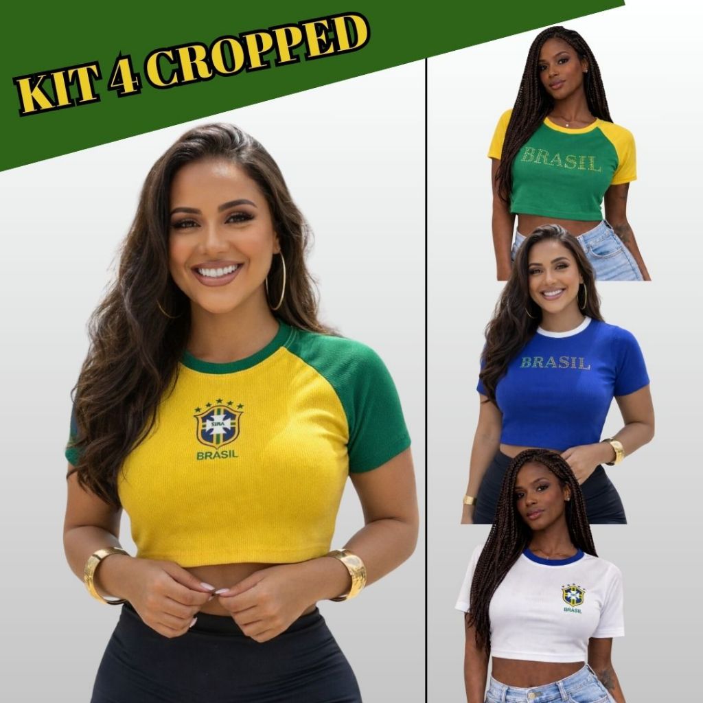 Kit Com 4 Cropped Copa do Mundo 2026 Feminino Ajusta ao Corpo Acorda Brasil