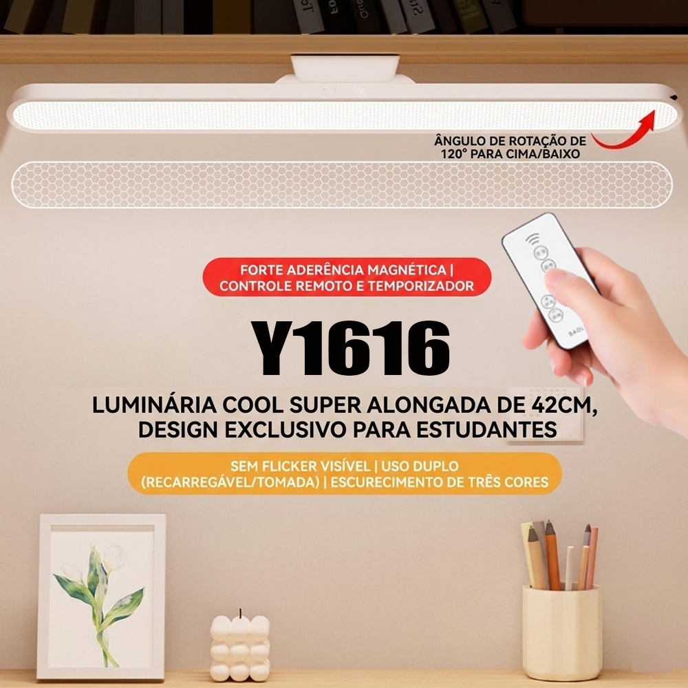 Luminária Magnética LED Recarregável Tipo-C 42cm Proteção Olhos com Controle Remoto