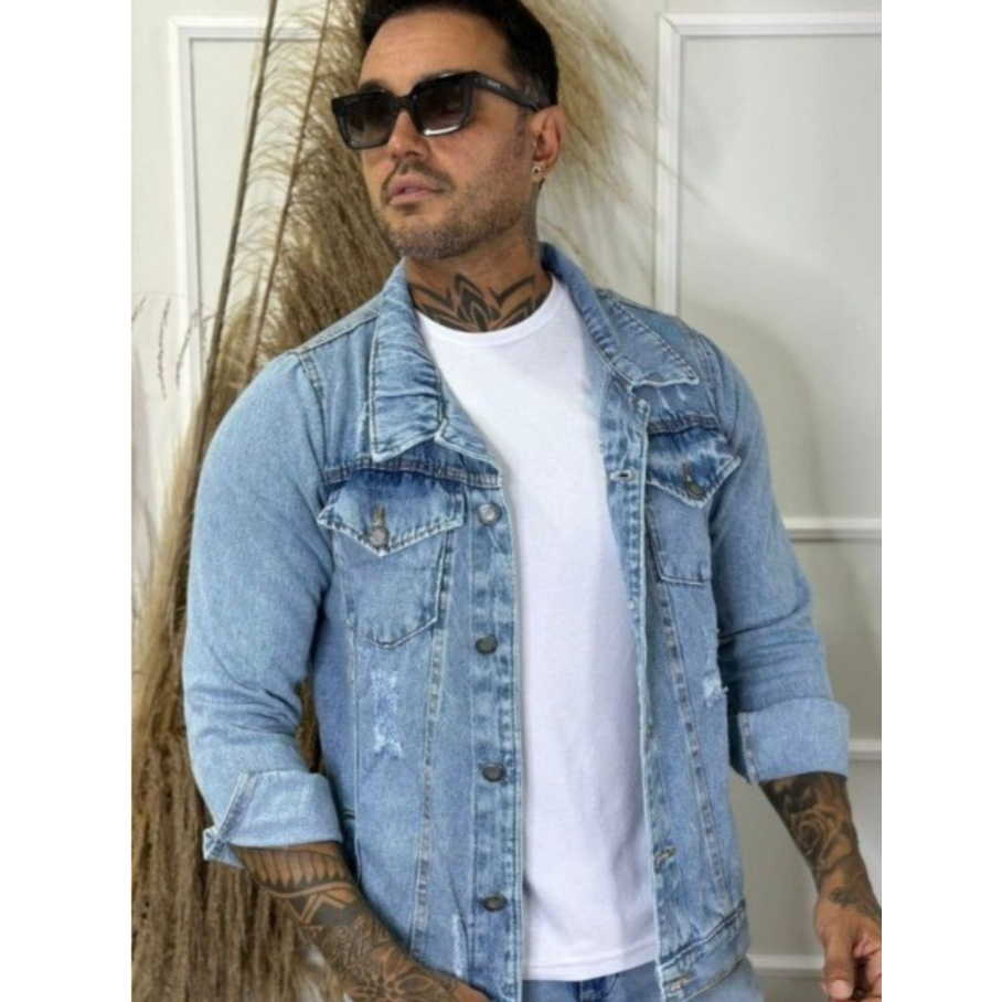 Jaqueta Jeans Masculina com Bolso e Botões na Frente 100% Algodão