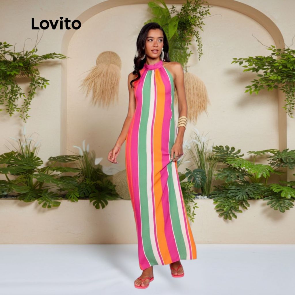 Lovito Bossa l Vestido Feminino Longo Viscose Frente Única Estampa Listrado Colorido DRB1048BRL1078 em Oferta na Shopee
