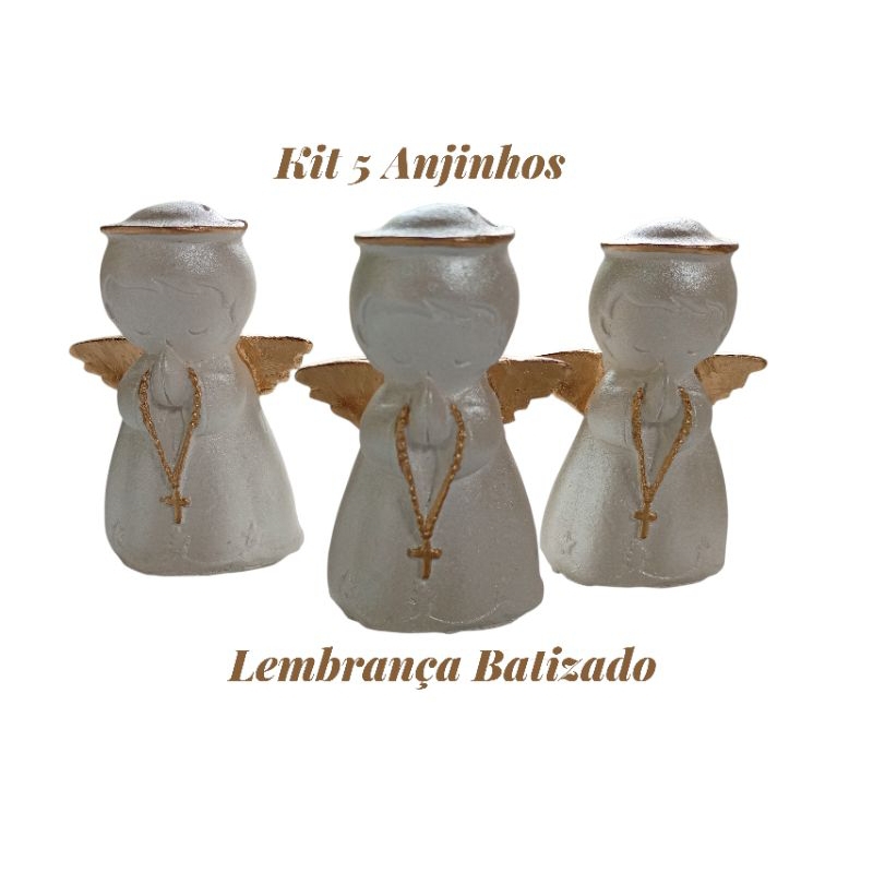 Kit 5 imagens de Anjo da Guarda em gesso com detalhes dourado 7cm lembrança batizado primeira comunhão nascimento