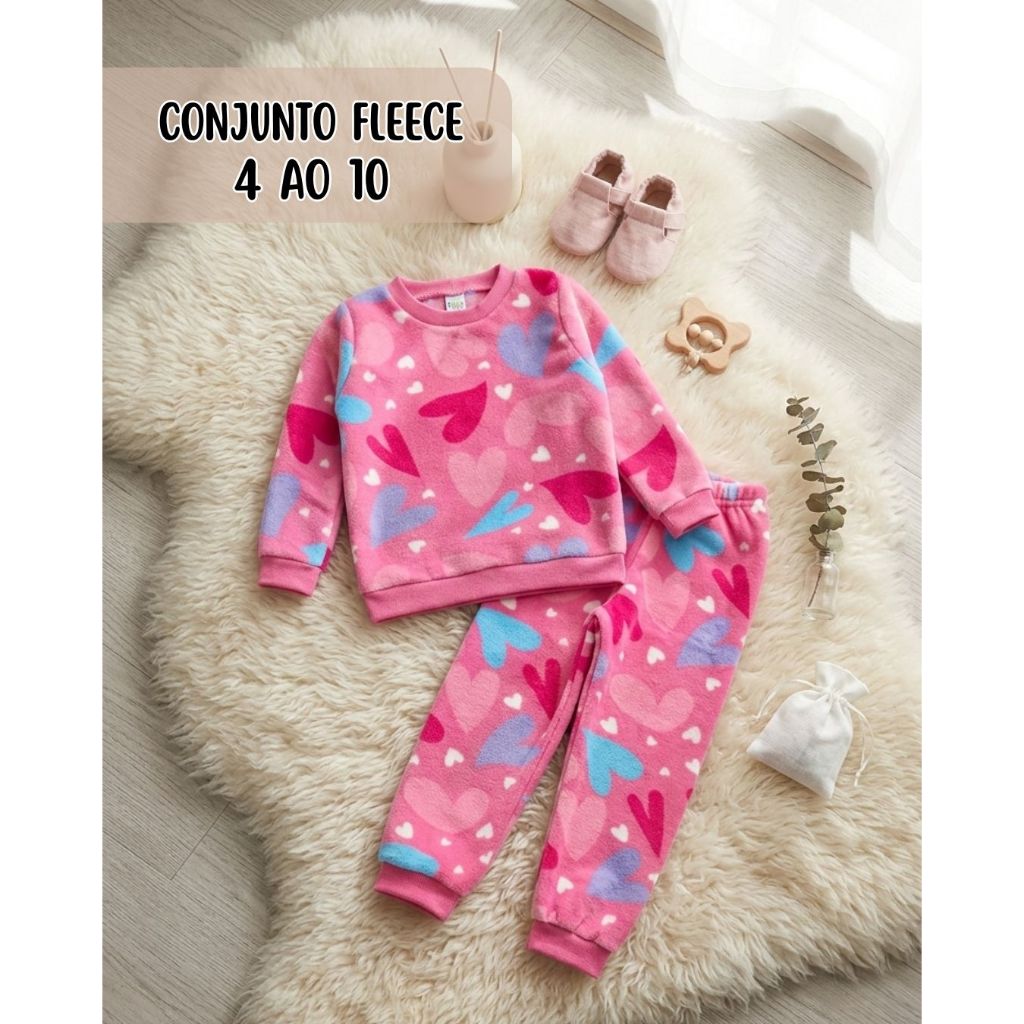 Conjunto de Frio Infantil Menina Fleece Peludinho Inverno Blusa Manga Longa Calça 4 ao 10
