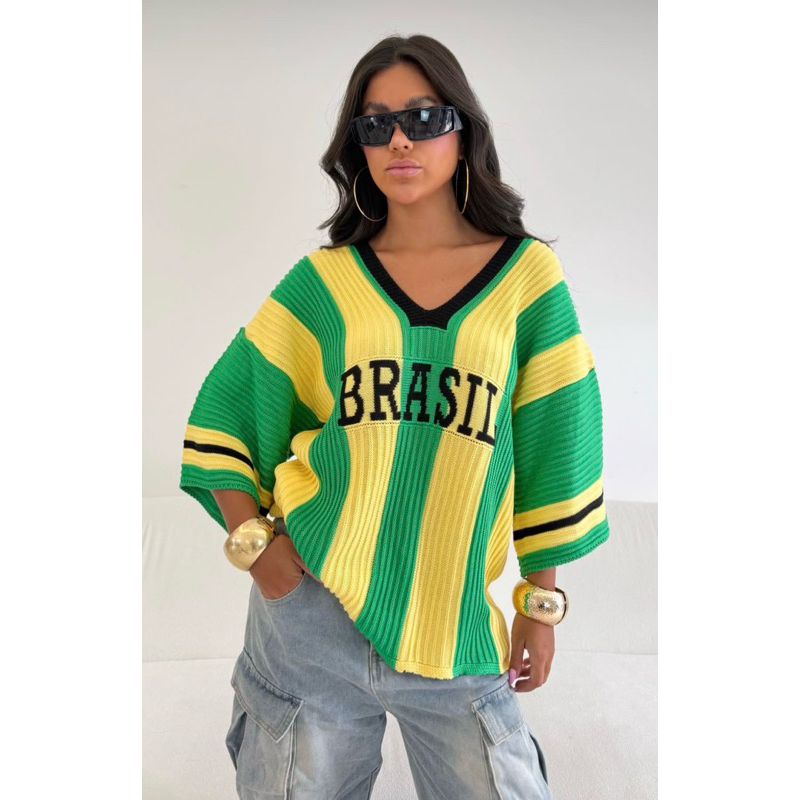 Blusa do Brasil Feminina Tricot Estilosa Elegante Tendência Copa Tricô
