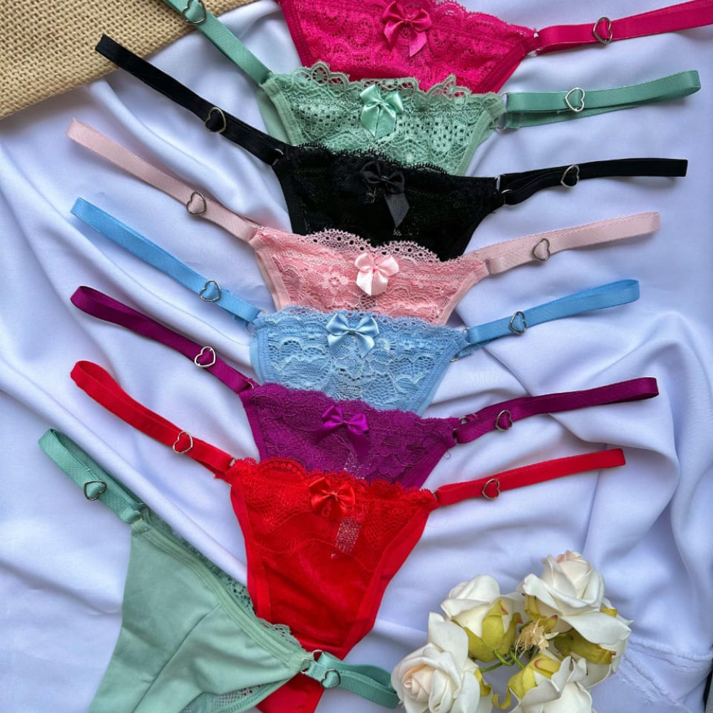 Kit C/5 Unidades Calcinha Feminina Fio Dental Fio Duplo Regulagem de Coração Lingerie Sexy
