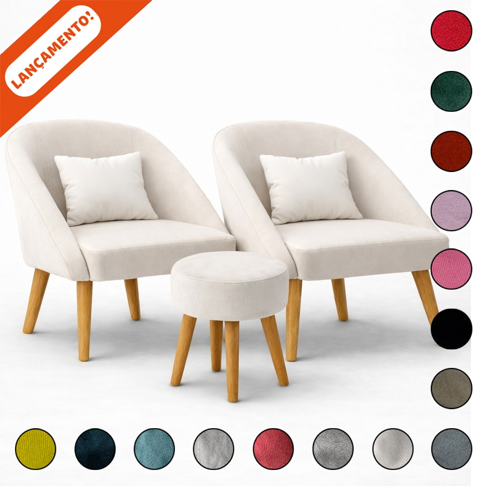 Kit 2 Poltronas Decorativa Para Sala Lua com Almofada e 1 Puff Redondo Suede Aninha Decor