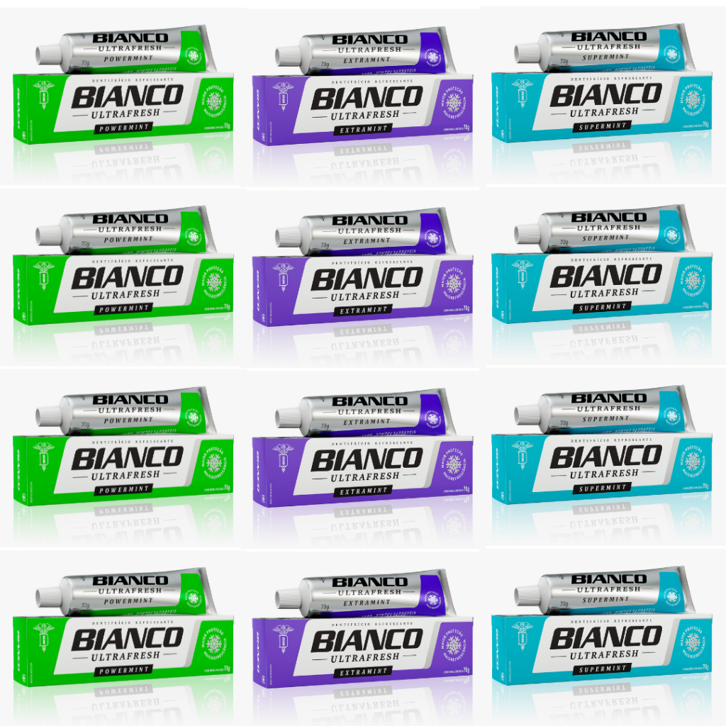 Kit 12 Creme Dental Bianco Ultrafresh 70g Powermint Supermint Extramint Hálito Refrescante Proteção