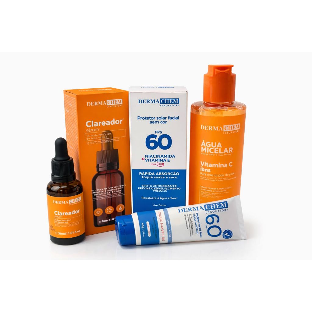 Kit Vitamina C Dermachem Sérum Clareador + Protetor Solar FPS60 + Água Micelar Rotina Skincare Rosto Anti Manchas