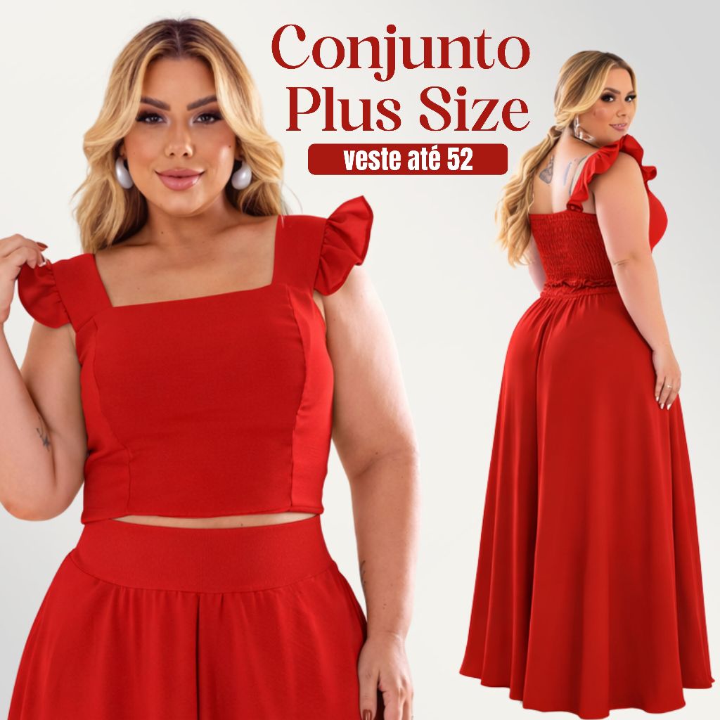Conjunto Plus Size Saia Longa Godê e Cropped Babado Crepe Duna Moda Evangélica Elegante Veste 46 ao 52