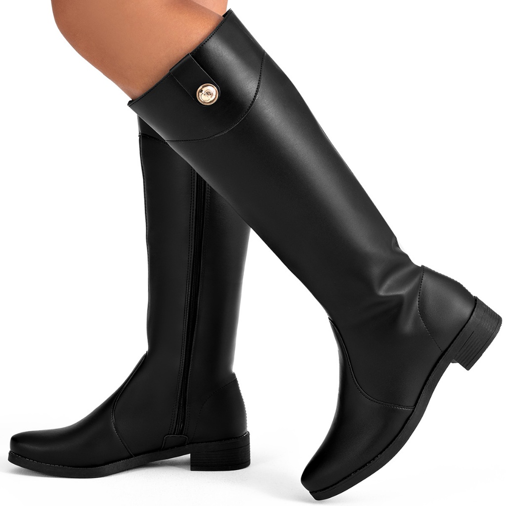 Bota Feminina Lumiss Rasteira Cano Alto Bico Redondo Montaria Preto