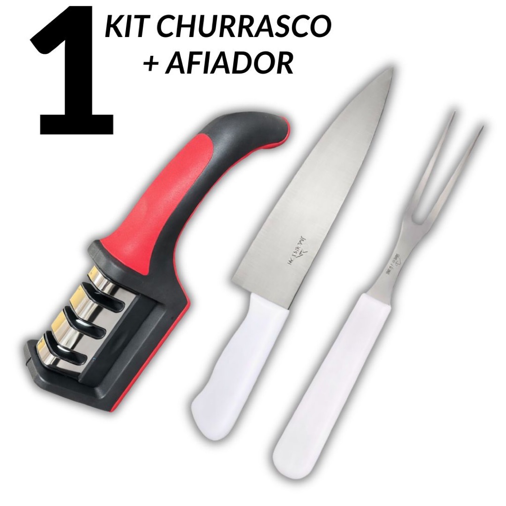 Kit Churrasco Faca + Garfo Trinchante + Afiador 3 Estágios Profissional Cozinha em Oferta na Shopee