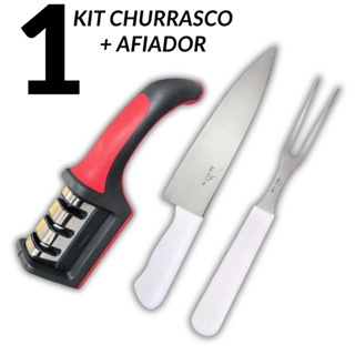 Kit Churrasco Faca + Garfo Trinchante + Afiador 3 Estágios Profissional Cozinha em Oferta na Shopee