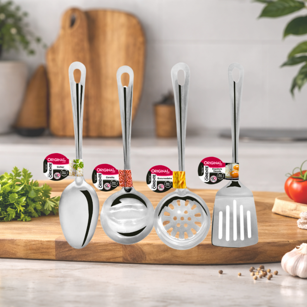 Kit 4 Peças Utilidades INOX para Cozinha Espatula Escumadeira Colher de Arroz Concha Comida Cozinha