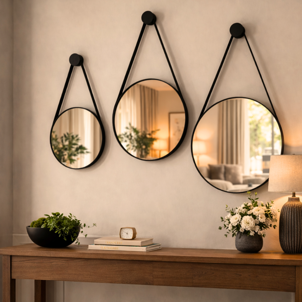 Espelho Adnet Redondo 30 40 50 Cm Alça Couro Ecológico Decorativo Escandinavo Elegante Minimalista