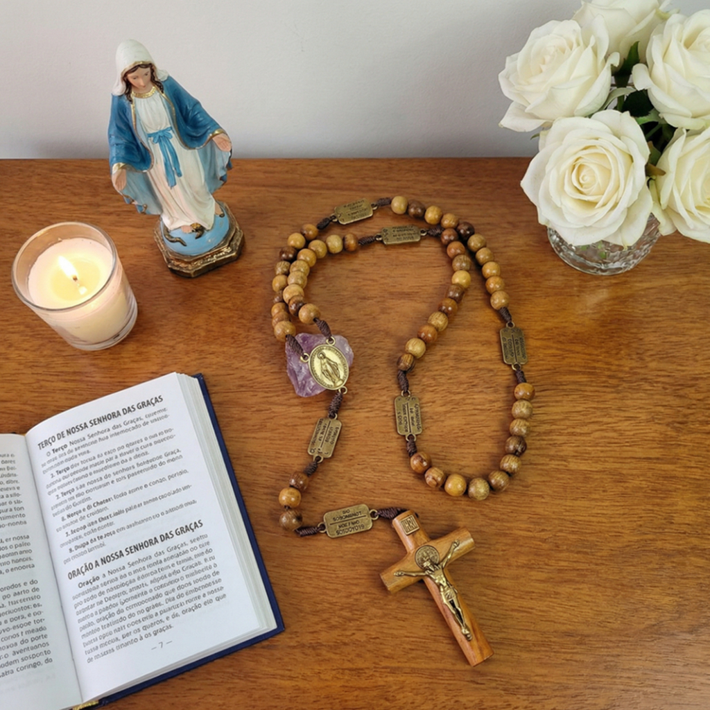 Terço Nossa Senhora das Graças Mistérios do Rosário Completo Pai Nosso Madeira Rústica Colar Pescoço