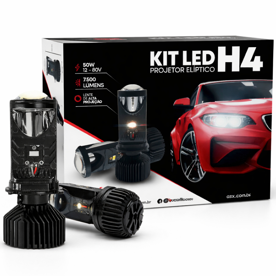 Lampada LED Farol H4 H7 H11 HB3 HB4 Projetor Eliptico Cambus ASX 7500 Lumens 50W 6000K Super Branco Alta Potencia
