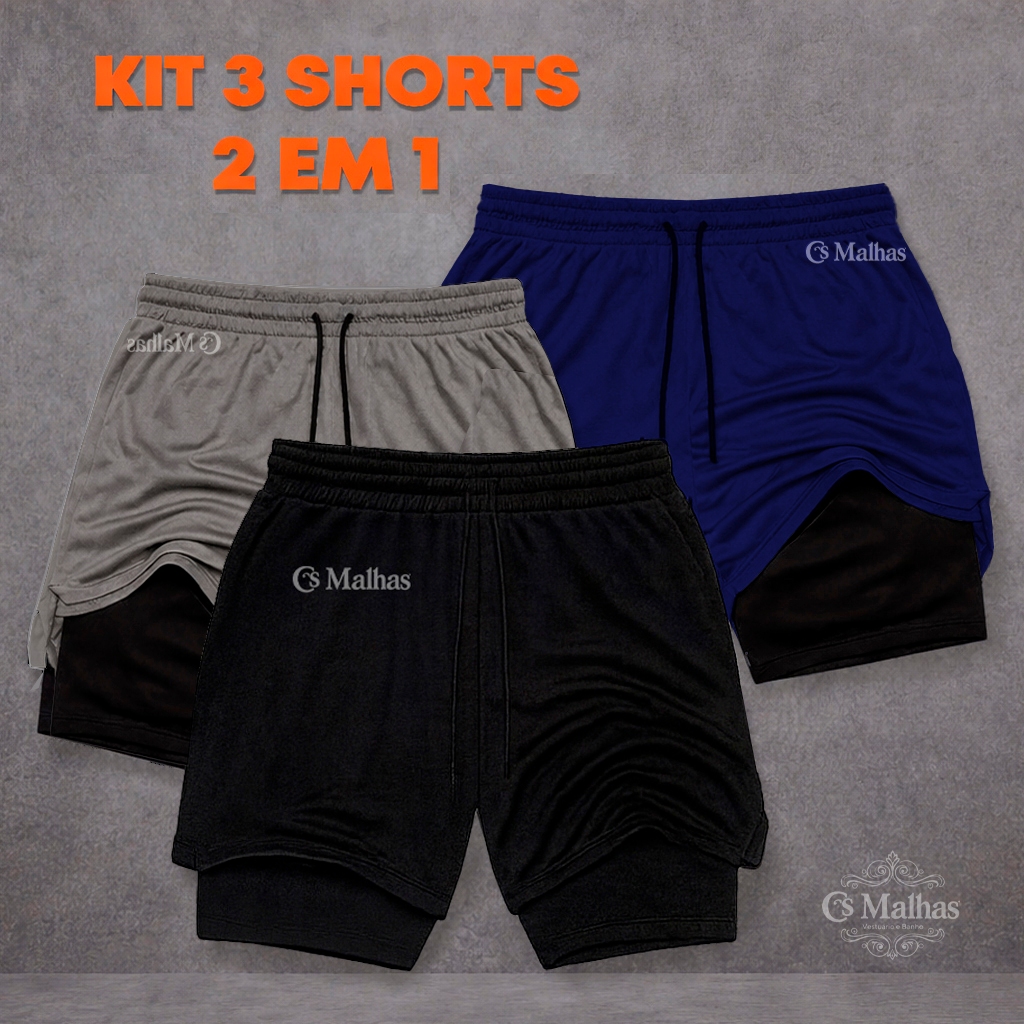 Kit 3 Shorts Masculino 2 em 1 Bermuda Dry Fit Compressão Academia Corrida Treino com Bolso Interno em Oferta na Shopee