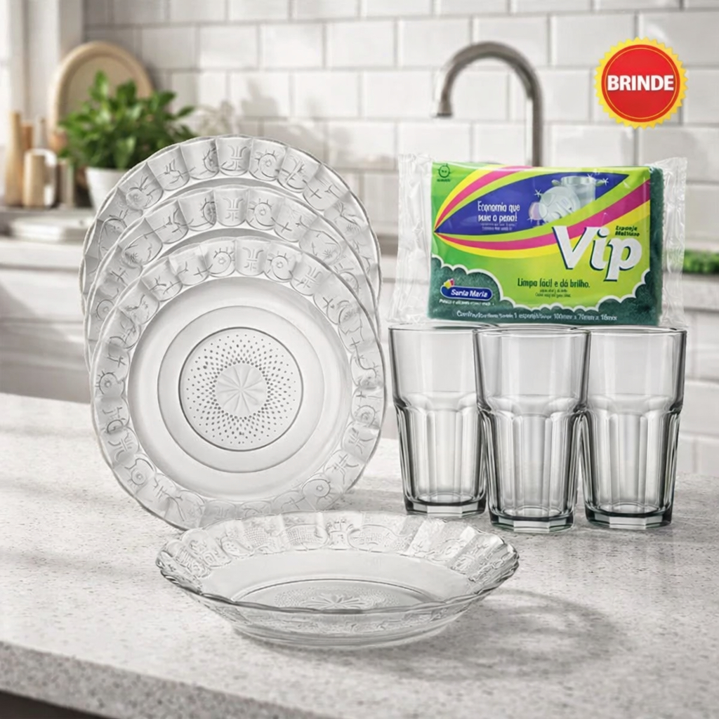 Conjunto jogo 6 peças em vidro 3 pratos e 3 copos para jantar + BRINDE em Oferta na Shopee