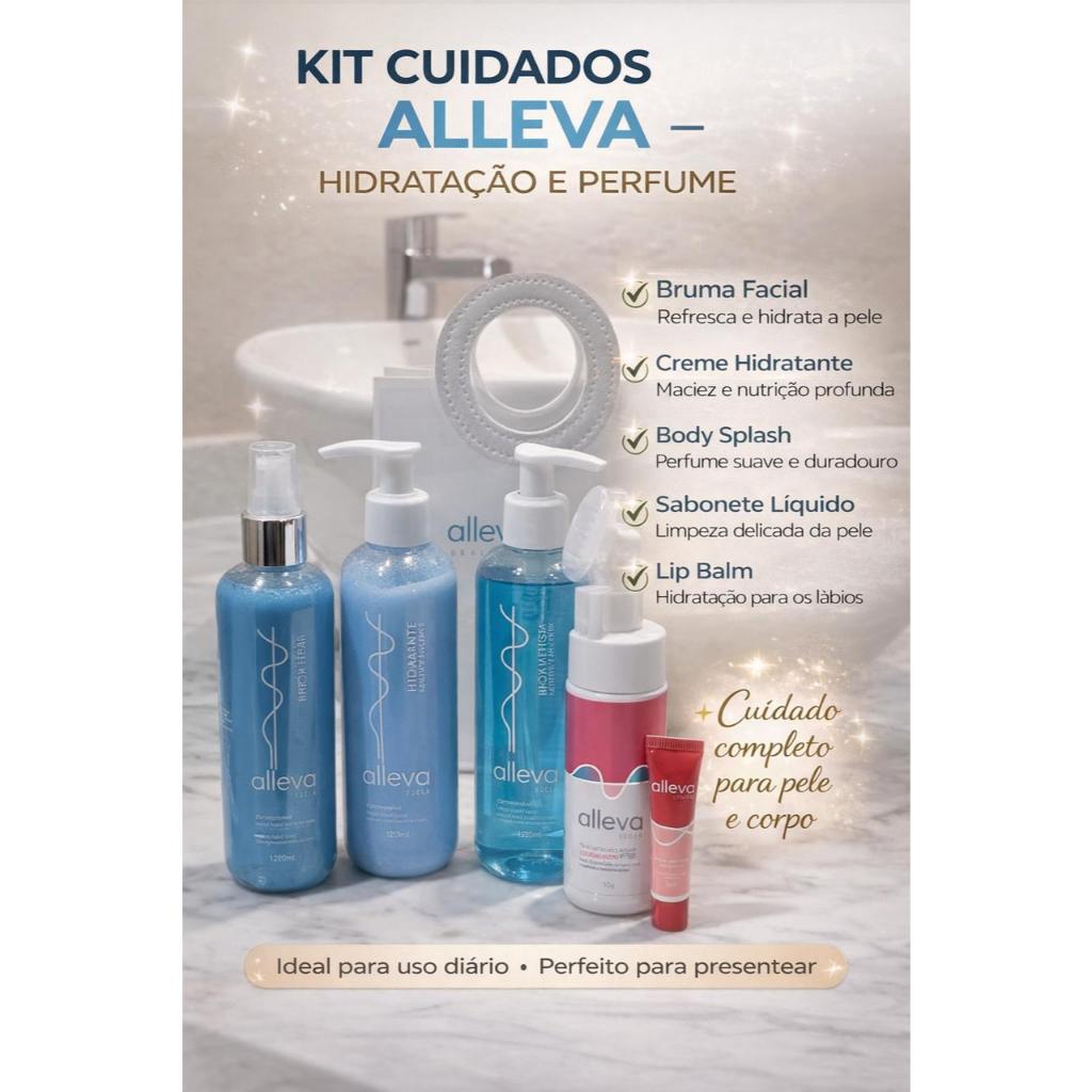 Kit Skincare Alleva Bruma Facial Hidratante Body Splash Sabonete Líquido Lip Balm